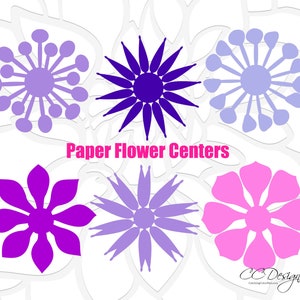 May include: Six paper flower center designs in various colors, including purple, pink, and blue. The text "Paper Flower Centers" is written in pink letters below the designs.