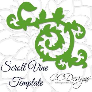 May include: A green scroll vine template with a white background. The template is for crafting and features a decorative scroll vine design. The text "Scroll Vine Template" and "CC Designs" is included in the image.