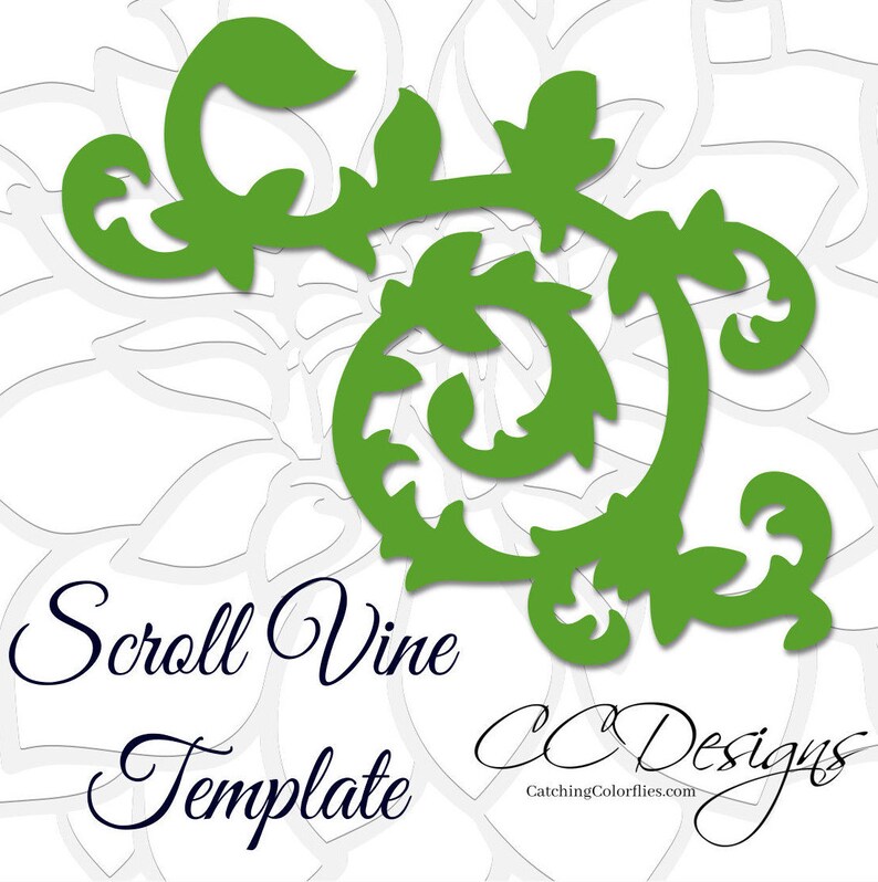 May include: A green scroll vine template with a white background. The template is for crafting and features a decorative scroll vine design. The text "Scroll Vine Template" and "CC Designs" is included in the image.