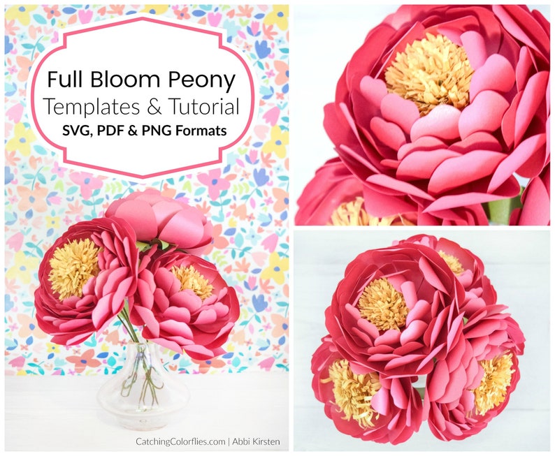 Full Bloom Peony Paper Flower Template & Tutorial, Peony Paper Flower SVG, Printable PDF Flower Templates, Instant Download image 2