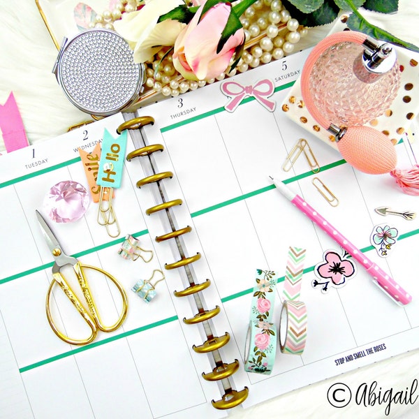 Könnte beinhalten: Ein Planer mit goldenen Ringen, geöffnet auf eine Wochenansicht. Enthält dekorative Elemente wie Washi-Tape, Aufkleber, einen rosa Stift und eine goldene Schere. Die Texte "Hello" und "Smile" sind auf Büroklammern sichtbar.