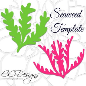 May include: Seaweed Template - Two different seaweed designs, one in green and one in pink, are shown on a white background. The text "Seaweed Template" is written in blue cursive.