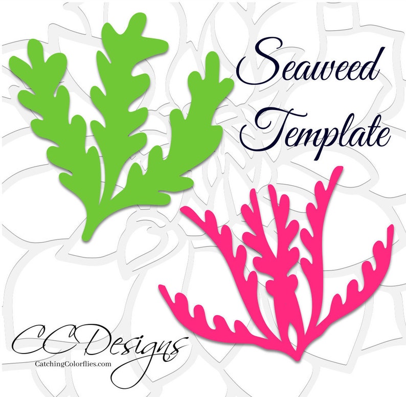 May include: Seaweed Template - Two different seaweed designs, one in green and one in pink, are shown on a white background. The text "Seaweed Template" is written in blue cursive.
