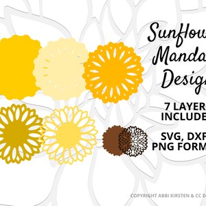 K&ouml;nnte beinhalten: Ein digitales Design mit einem Sonnenblumen-Mandala mit sieben Schichten. Das Design ist in den Formaten SVG, DXF und PNG verf&uuml;gbar. Der Text "Sunflower Mandala Design" ist in einer dekorativen Schriftart geschrieben.