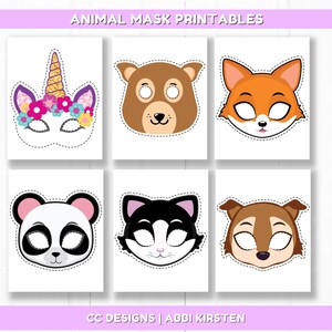 May include: Printable animal masks for kids. The masks feature a unicorn, fox, bear, panda, cat, and squirrel. The masks are black and white with colorful details.