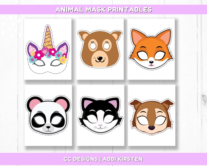 May include: Printable animal masks for kids. The masks feature a unicorn, fox, bear, panda, cat, and squirrel. The masks are black and white with colorful details.