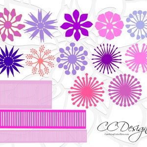 May include: A set of 10 digital cut files featuring various flower designs in shades of pink, purple, and blue. The designs are perfect for creating paper crafts, scrapbooking, and other DIY projects.  CC Designs CatchingColorflies.com