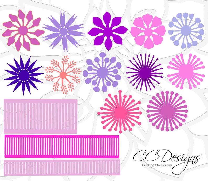 May include: A set of 10 digital cut files featuring various flower designs in shades of pink, purple, and blue. The designs are perfect for creating paper crafts, scrapbooking, and other DIY projects.  CC Designs CatchingColorflies.com