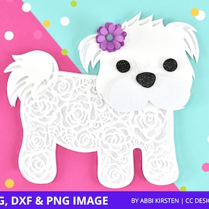 File SVG Mandala Cane 3D, File di taglio Mandala Cucciolo Maltese, Mandala Cane Stratificato, Cane Zentangle, Artigianato di Carta