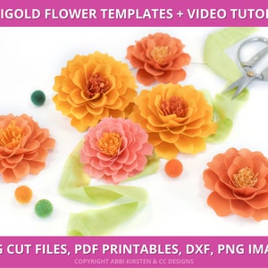 Modelli di fiori di carta di calendula, file di taglio SVG di calendula e modelli stampabili in PDF, fiori del giorno dei morti, piccoli fiori di carta