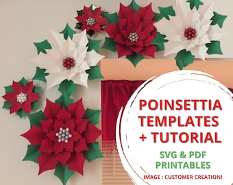 Christmas Poinsettia Giant Paper Flower, Holiday Party and Home Decor, Paper Flower SVG and PDF Printables