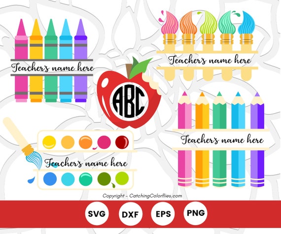 Teacher Appreciation SVG Monogram Set, Teacher Gift, Crayon and Colored Pencil SVG Monogram, Teacher Apple, Paint Palette SVG Il_570xn