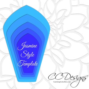 May include: A layered paper flower template in shades of blue, labeled "Jasmine Style Template" and "CC Designs CatchingColorflies.com".