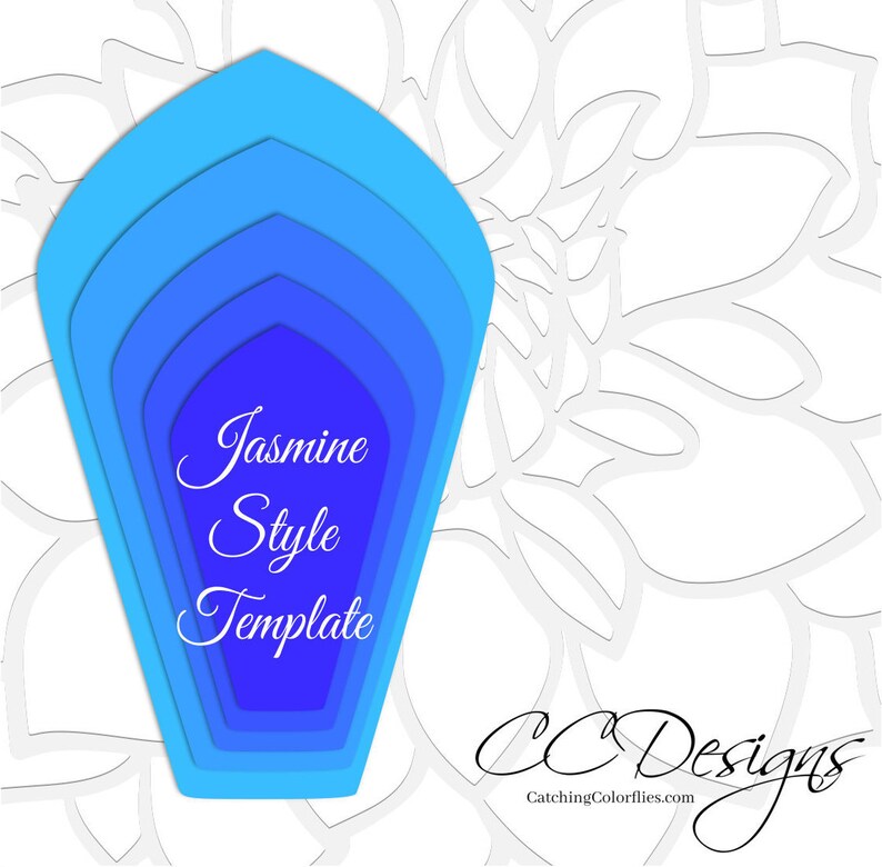 May include: A layered paper flower template in shades of blue, labeled "Jasmine Style Template" and "CC Designs CatchingColorflies.com".