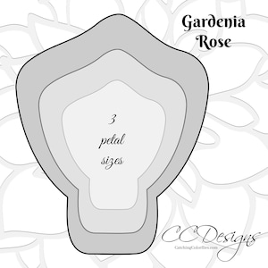 May include: A black and white line drawing of a gardenia rose flower with three different sized petals. The text "Gardenia Rose" and "3 petal sizes" is included in the image.