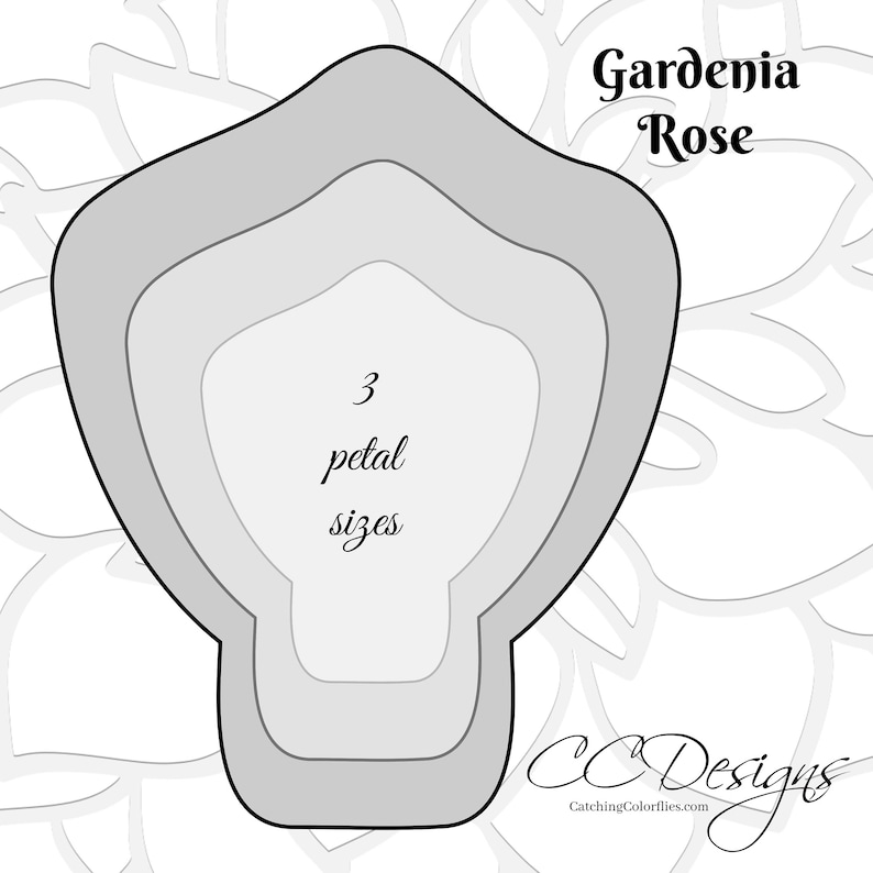 May include: A black and white line drawing of a gardenia rose flower with three different sized petals. The text "Gardenia Rose" and "3 petal sizes" is included in the image.
