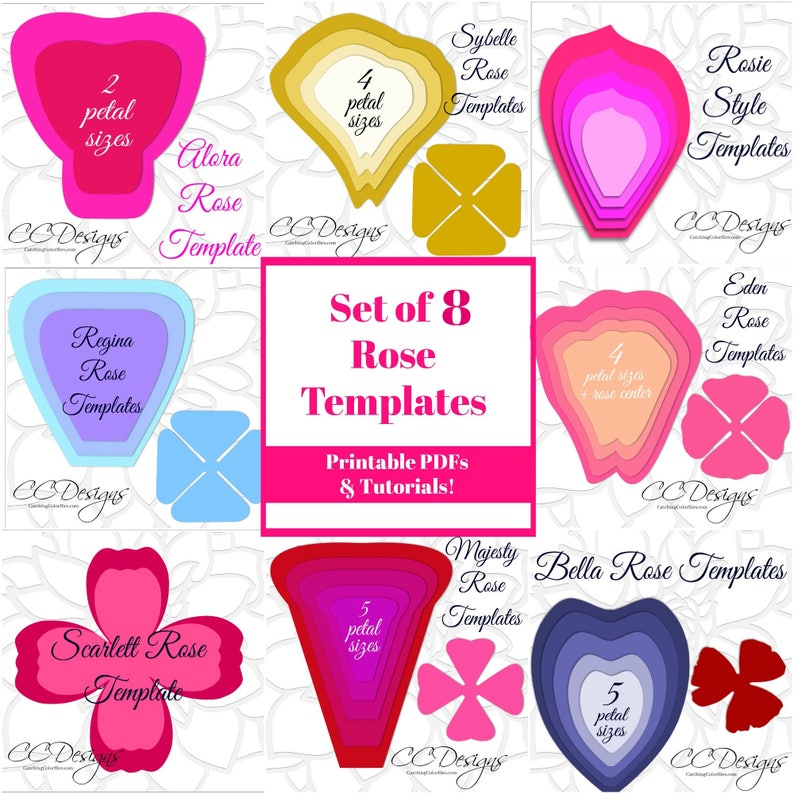 May include: Set of 8 printable rose templates for paper crafting. Each template features a different rose style with multiple petal sizes. The templates are labeled with names like "Alora Rose Template", "Regina Rose Templates", and "Bella Rose Templates".