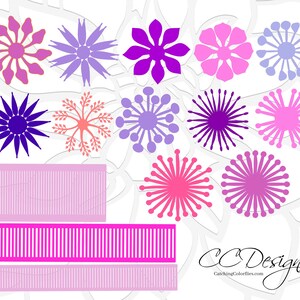 May include: A set of 10 digital cut files featuring various flower designs in shades of pink, purple, and blue. The designs are perfect for creating paper crafts, scrapbooking, and other DIY projects.  CC Designs CatchingColorflies.com