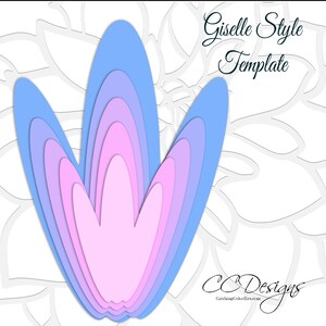 May include: A layered paper flower template in a light blue and pink color scheme. The template is designed in a Giselle style. The text "Giselle Style Template" is at the top of the image. The text "CC Designs CatchingColorflies.com" is at the bottom of the image.