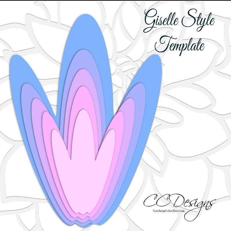 May include: A layered paper flower template in a light blue and pink color scheme. The template is designed in a Giselle style. The text "Giselle Style Template" is at the top of the image. The text "CC Designs CatchingColorflies.com" is at the bottom of the image.