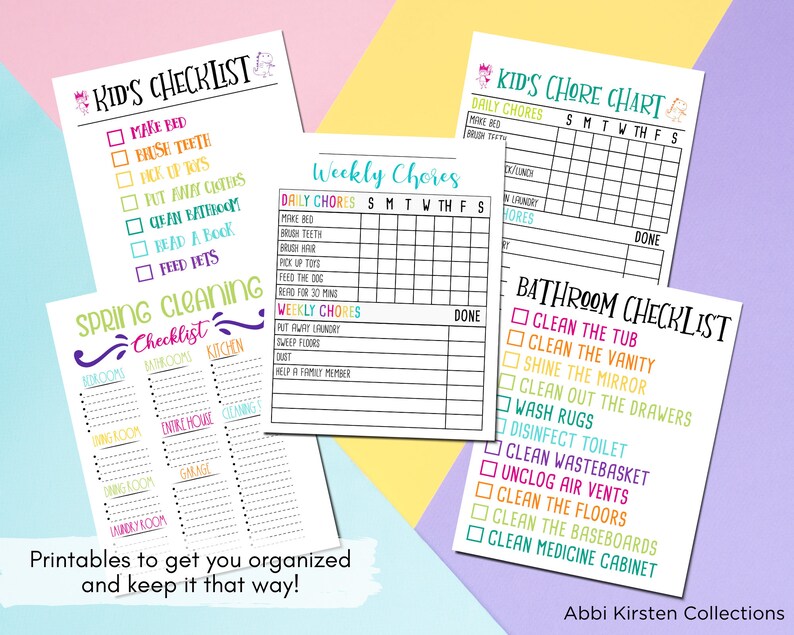 May include: Printable checklists for kids and adults. The checklists include tasks like making the bed, brushing teeth, picking up toys, cleaning the bathroom, reading a book, feeding pets, and more. There are also checklists for spring cleaning and bathroom cleaning.