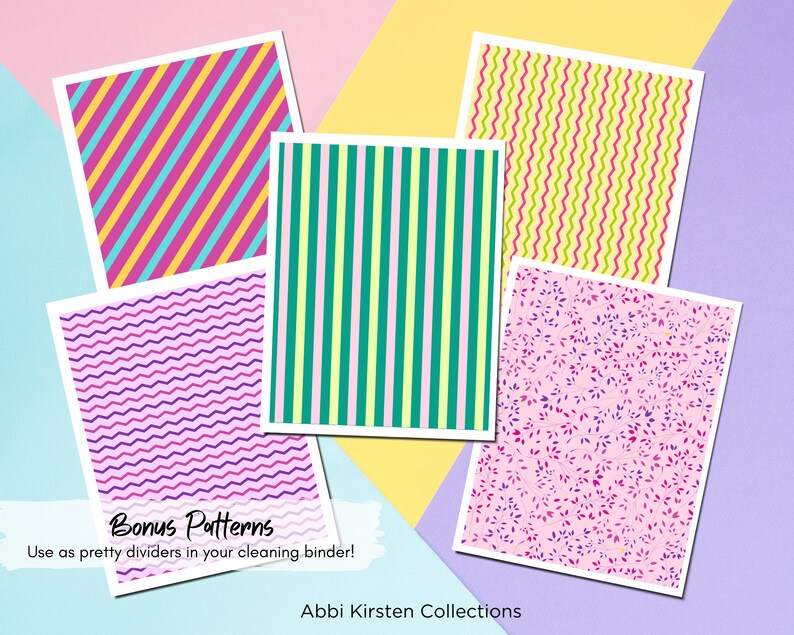 May include: Five printable patterns for use as dividers in a cleaning binder. The patterns include pink and blue diagonal stripes, green and yellow vertical stripes, pink and purple wavy lines, green and yellow wavy lines, and a pink background with small purple and pink leaves.