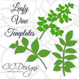May include: Four leafy vine templates for crafting or scrapbooking. The templates are green and are shown on a white background with a gray pattern.