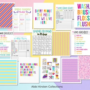 May include: A set of printable checklists and charts for kids and adults. The checklists include tasks like cleaning the bathroom, doing chores, and spring cleaning. The charts feature colorful stripes and patterns.