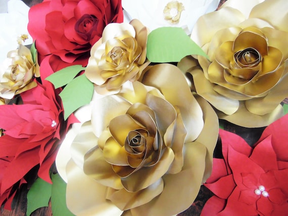 Christmas Paper Flower Decor, DIY Poinsettia Flower Templates, Gold Paper Roses, Large Poinsettia Flowers Il_570xn