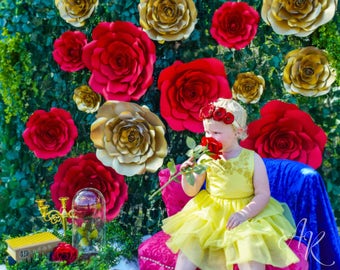 Giant Paper Roses, Rose Flower Backdrop, Beauty and the Beast Party Decor, DIY Paper Flowers,  Templates & Tutorials, Photography backdrop