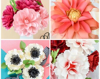 May include: A collection of paper flowers in various colors and styles, including pink, red, and white. The flowers are arranged in a bouquet and appear to be handmade.