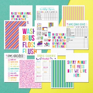 May include: A set of printable chore charts for kids with colorful designs and motivational quotes. The charts include daily and weekly chores, a spring cleaning checklist, and a kid's checklist. The text on the charts includes "Raise your words, not your voice. It's rain that grows flowers, not thunder!" and "Sorry about the mess, but we live here."