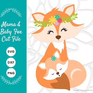 Maman et bébé renard fichier coupe SVG, renard des bois mignon SVG, créatures et animaux des bois, décoration de shower de bébé