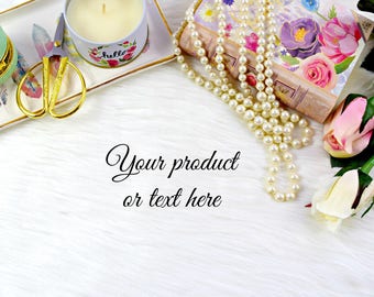 Feminine Styled Desktop Photo Image, Roses & Faux Rug Styled Image, Desktop Mock up, Instagram Stock Image, Styled Stock Photos