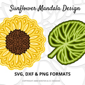 K&ouml;nnte beinhalten: Ein digitales Design mit einem gelben Sonnenblumen-Mandala und einem gr&uuml;nen Blatt. Das Design ist in den Formaten SVG, DXF und PNG verf&uuml;gbar. Der Text "Sunflower Mandala Design" befindet sich oben im Bild. Der Text "SVG, DXF & PNG FORMATS" befindet sich unten im Bild. Der Text "COPYRIGHT ABBI KIRSTEN & CC DESIGNS" befindet sich unten im Bild.
