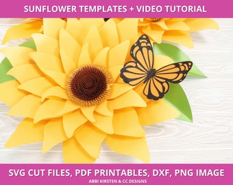 Mallar för solrospappersblommor, PDF-utskrivbara filer och SVG-klippfiler med solrosmotiv, stora, medelstora och små pappersblommor