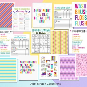 May include: A set of printable checklists and charts for kids and adults. The checklists include tasks like cleaning the bathroom, doing chores, and spring cleaning. The charts feature colorful stripes and patterns.