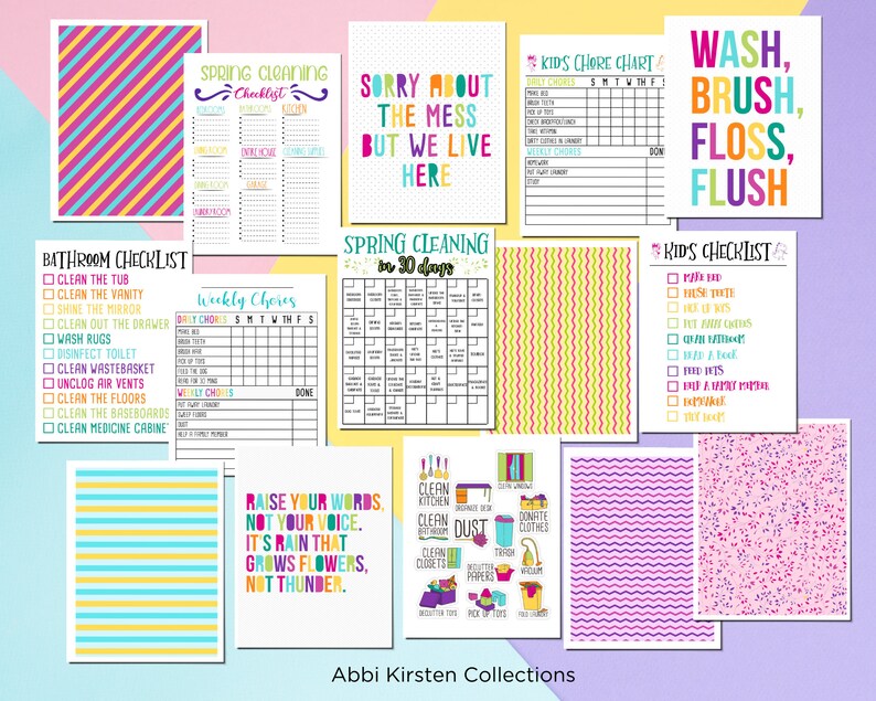 May include: A set of printable checklists and charts for kids and adults. The checklists include tasks like cleaning the bathroom, doing chores, and spring cleaning. The charts feature colorful stripes and patterns.