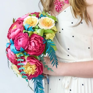 Pacchetto SVG di fiori e foglie di carta, bouquet da sposa alternativo, modelli di fiori di carta di peonia, tutorial e modelli di bouquet di fiori di carta