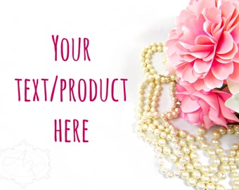 Styled Stock Photography, Pink Flowers and Pearls Styled Digital Photos, Product Photography, Styled Flowers, Stock Photos