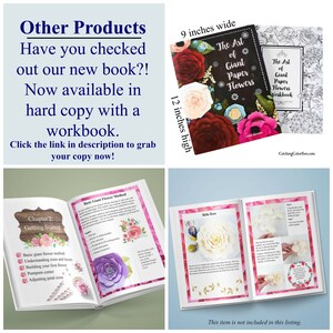 May include: A book titled "The Art of Giant Paper Flowers Workbook" with a black cover and colorful paper flowers. The book is 9 inches wide and 12 inches high. The book is open to a page showing instructions for making a paper flower.