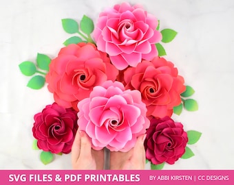 Paper Rose Template, Paper Flower SVG and PDF Printable Templates, Small Paper Flower Rose Templates with Leaves