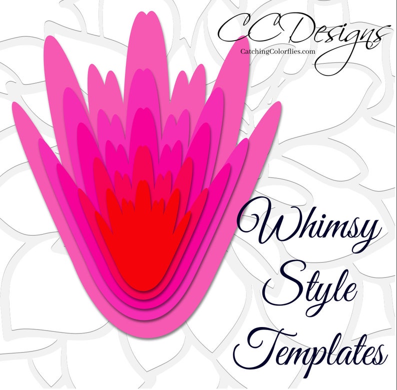 May include: Whimsy Style Templates, a digital download for crafting, features a layered pink and red flower design. The design is layered in a whimsical style, with each layer slightly smaller than the one below it. The design is perfect for creating cards, scrapbook pages, and other paper crafts.