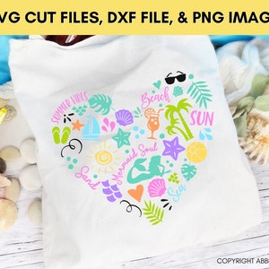 Bundle plage été SVG, coeur d'été SVG, coquillage sirène, été citations SVG