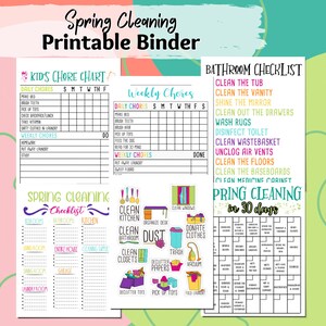 May include: A printable spring cleaning binder with checklists for kids' chores, weekly chores, bathroom cleaning, and a 30-day spring cleaning challenge. The checklists are organized in colorful boxes with illustrations.