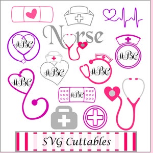 May include: A set of 12 SVG cuttable files featuring nurse-themed designs. The designs include a stethoscope, a heart, a bandage, a first aid kit, a nurse's hat, and the word "Nurse".