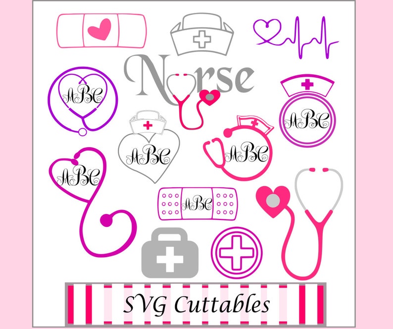 May include: A set of 12 SVG cuttable files featuring nurse-themed designs. The designs include a stethoscope, a heart, a bandage, a first aid kit, a nurse's hat, and the word "Nurse".
