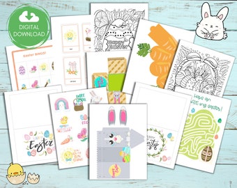 Easter Printables, Easter Games for Kids Printable Bundle, Coloring Pages, Easter Bingo, Easter Boxes, Bunny Maze, Cards