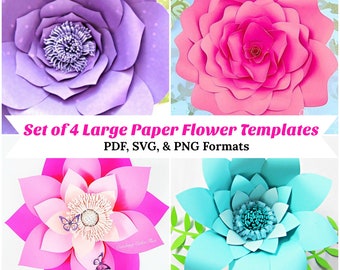 Set von 4 riesigen Papierblumen Vorlagen, druckbare PDF-Vorlagen, Papierblume SVG