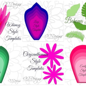 May include: A set of six layered paper flower templates in various colors and styles, including Whimsy, Lucy, Clara, Chrysanthemum, and Everly. The templates are designed for paper crafting and feature a variety of shapes and sizes.  Also included is a set of Bahama leaf templates.